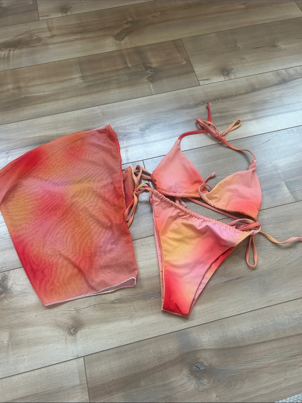 Gradient Tie-Dye Bikini Set with Sheer Cover-Up - Coral Pink Orange
